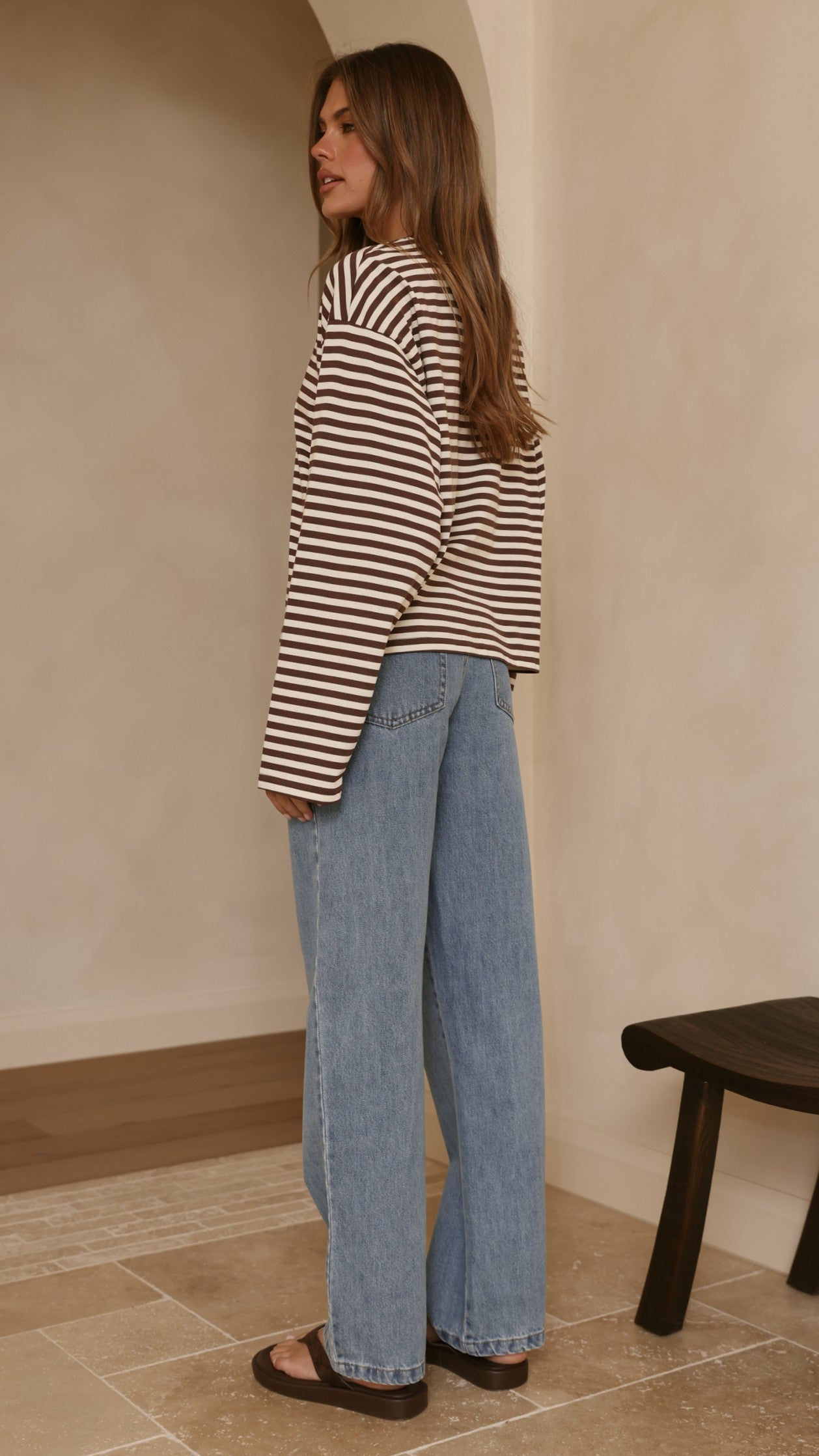 Solana Long Sleeve Top - Choc/White Stripe