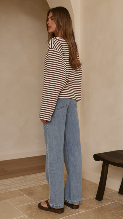 Solana Long Sleeve Top - Choc/White Stripe