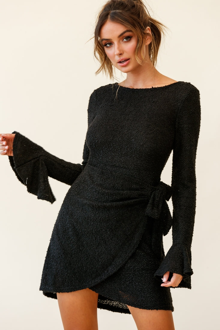 Minerva Flared Cuff Knit Wrap Dress Black