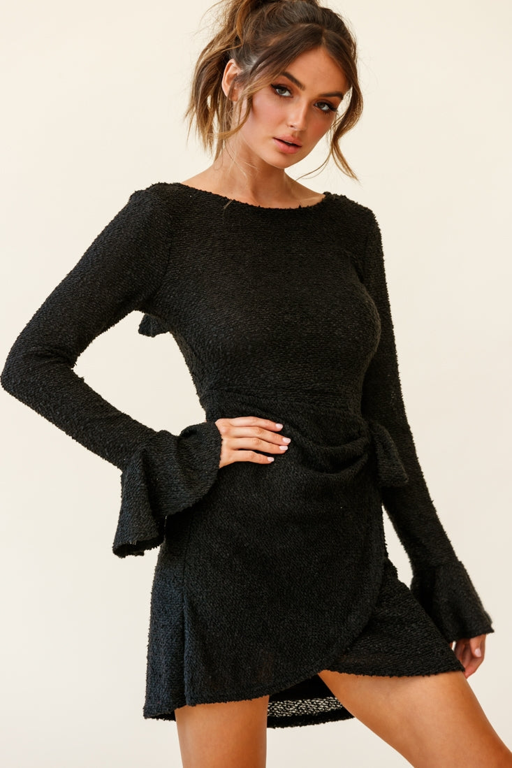 Minerva Flared Cuff Knit Wrap Dress Black