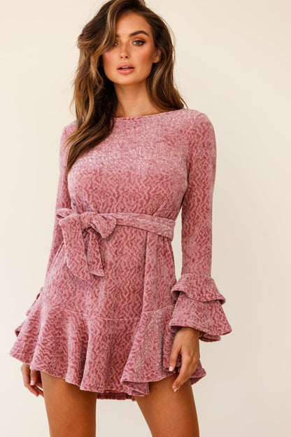 Saphira Long Sleeve Fluted Hem Knit Dress Blush