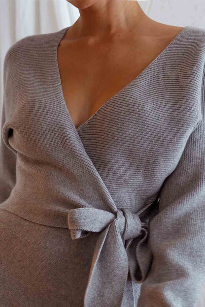 Shooting Star Long Sleeve Side Tie Knit Dress Grey