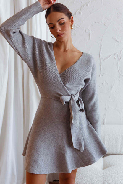 Shooting Star Long Sleeve Side Tie Knit Dress Grey