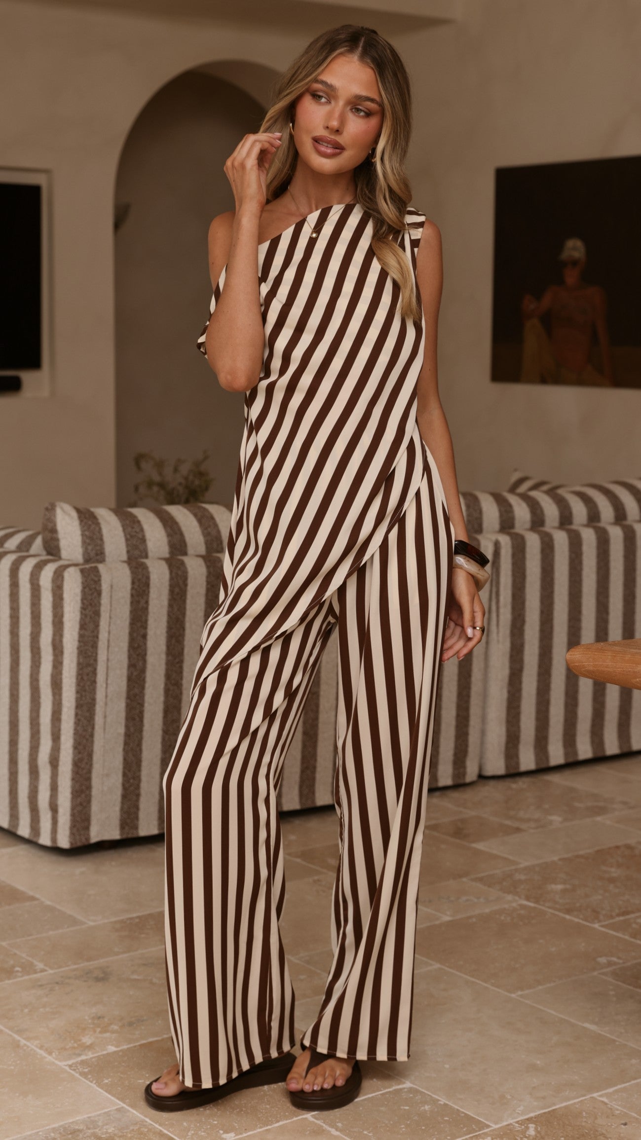 Liana Off Shoulder Top & Pants Set - Brown Stripe
