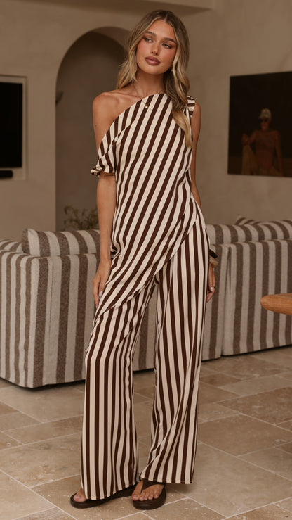 Liana Off Shoulder Top & Pants Set - Brown Stripe