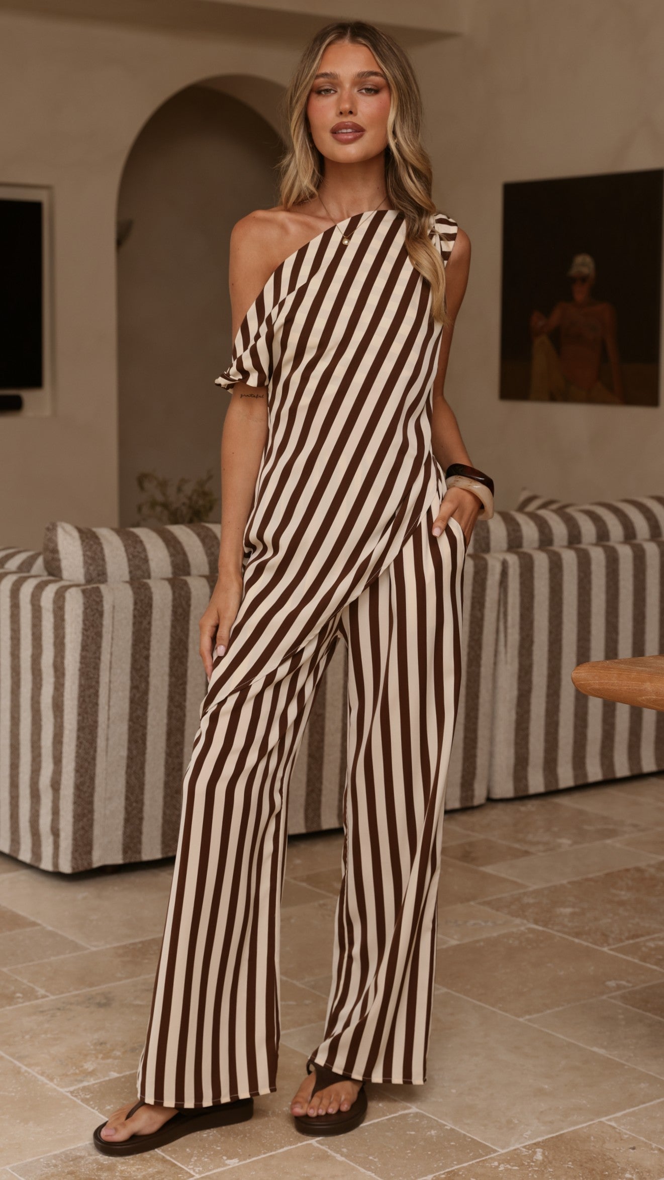 Liana Off Shoulder Top & Pants Set - Brown Stripe