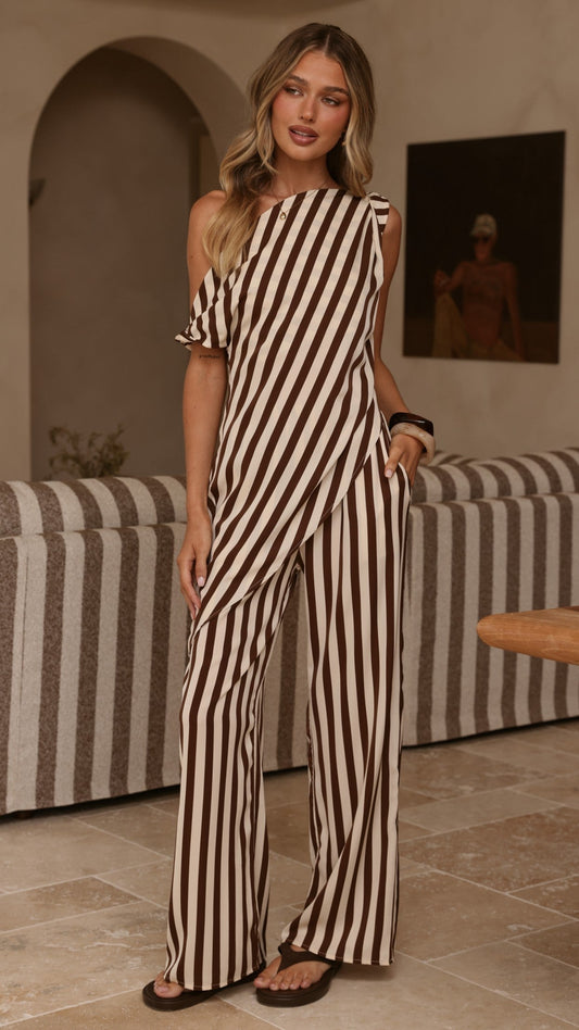 Liana Off Shoulder Top & Pants Set - Brown Stripe