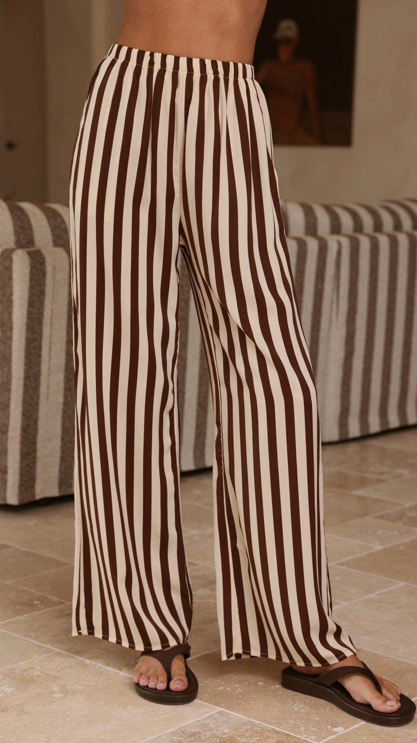 Liana Off Shoulder Top & Pants Set - Brown Stripe