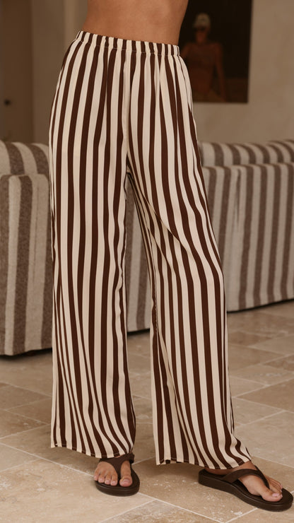 Liana Off Shoulder Top & Pants Set - Brown Stripe
