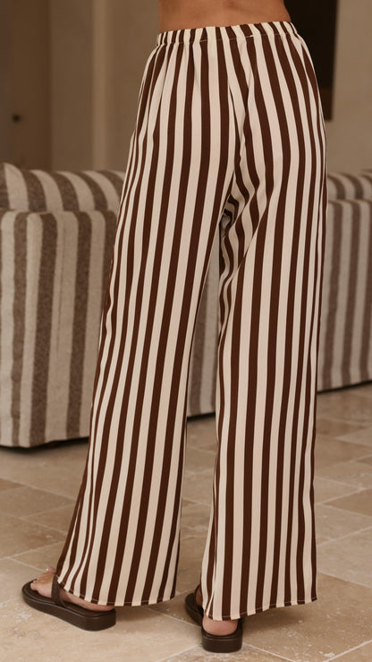 Liana Off Shoulder Top & Pants Set - Brown Stripe