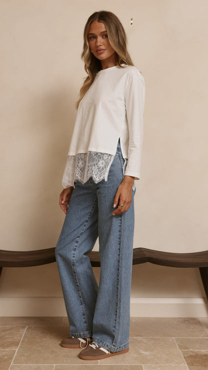 Alina Lace Trim Top - White