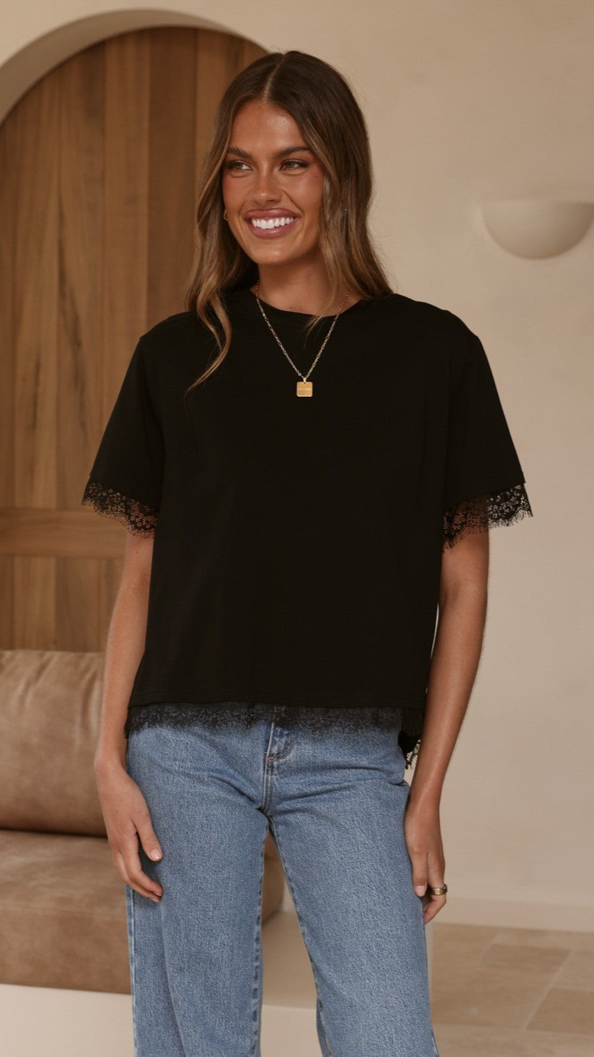 Clare Lace Back T-Shirt - Black