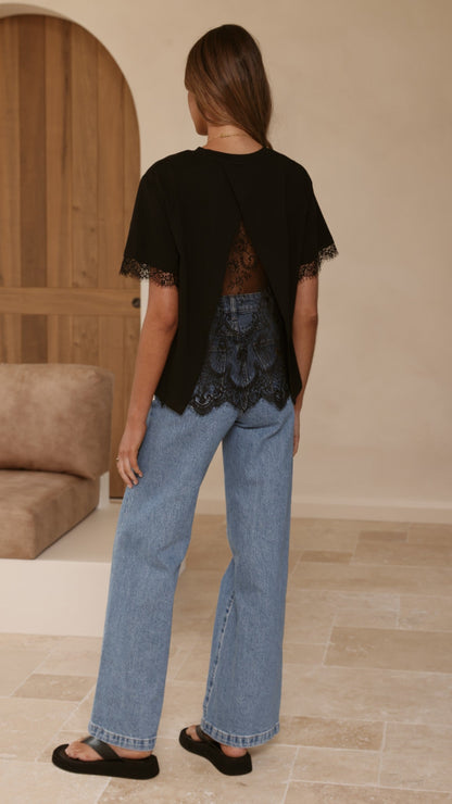 Clare Lace Back T-Shirt - Black