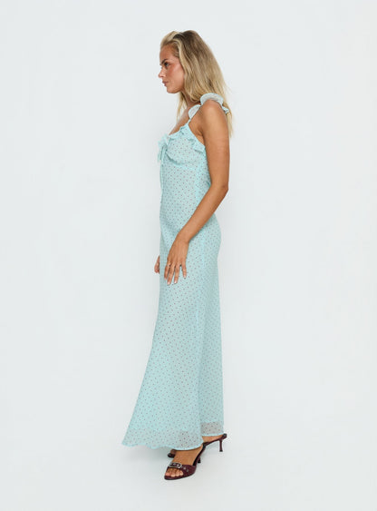 Aryelle Chiffon Frill Maxi Dress Blue Polka Dot