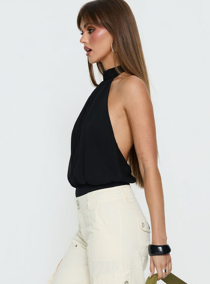 Alissah Halter Chiffon Bodysuit Black