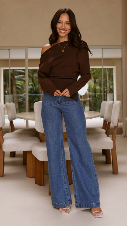 Eleora Long Sleeve Asymmetrical Top - Brown