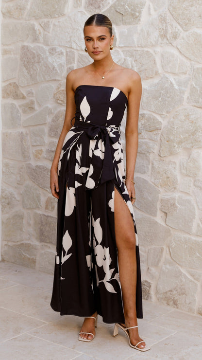 Carson Front Split Strapless Jumpsuit - Black Floral