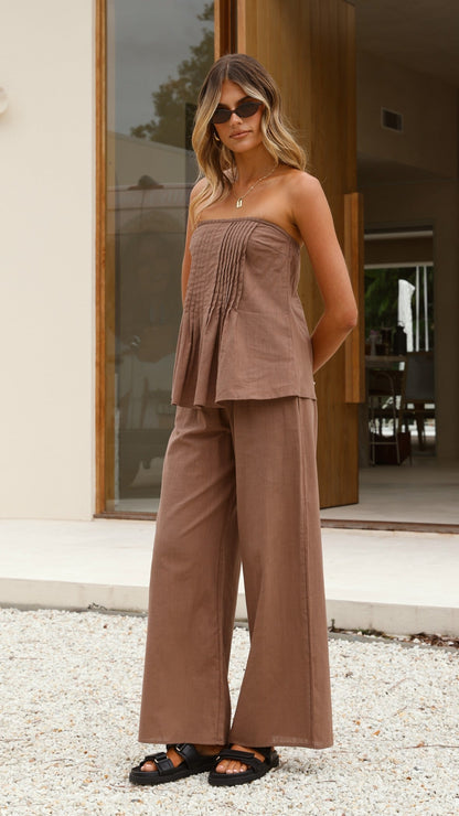 Sharni Strapless Pleat Top and Pants Set - Chocolate