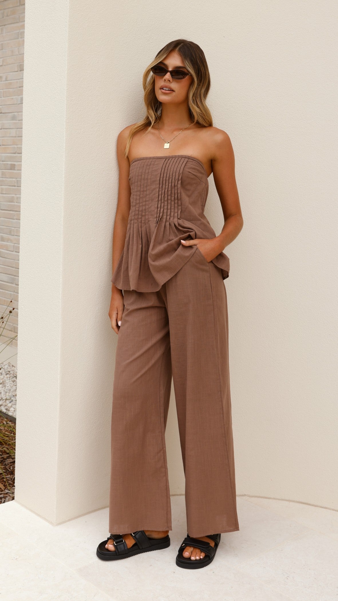 Sharni Strapless Pleat Top and Pants Set - Chocolate