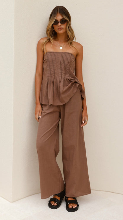 Sharni Strapless Pleat Top and Pants Set - Chocolate