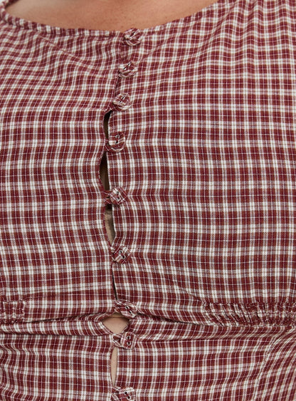Alixandra Puff Sleeve Blouse Top Red Check Curve