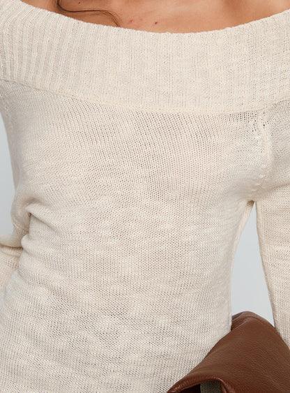 Alyxandra Off Shoulder Knit Sweater Beige