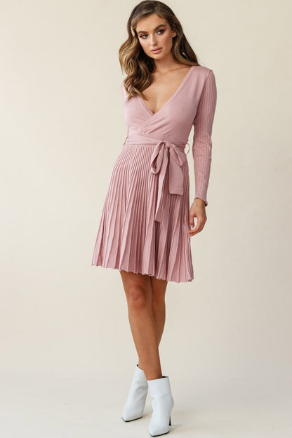 Marlena Long Sleeve Pleated Skirt Knit Dress Blush