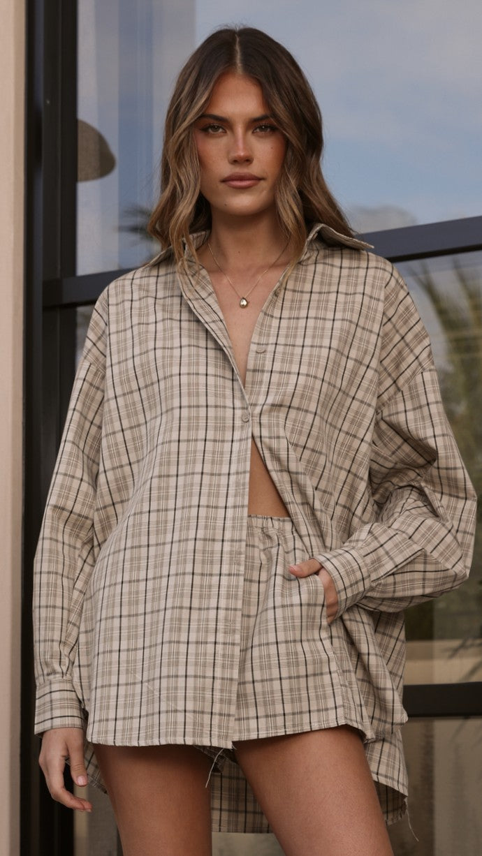 Arli Button Up Shirt - Beige/Brown Plaid