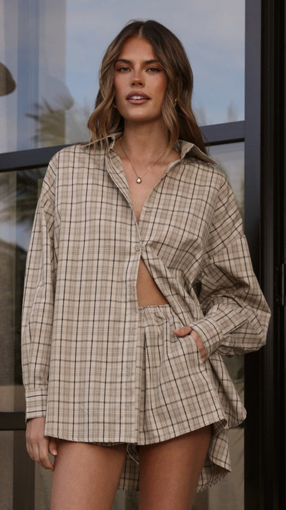 Arli Button Up Shirt - Beige/Brown Plaid