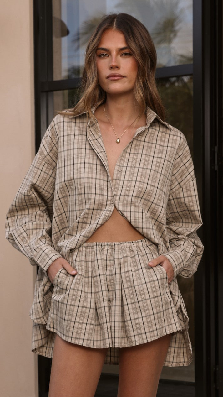 Arli Button Up Shirt - Beige/Brown Plaid