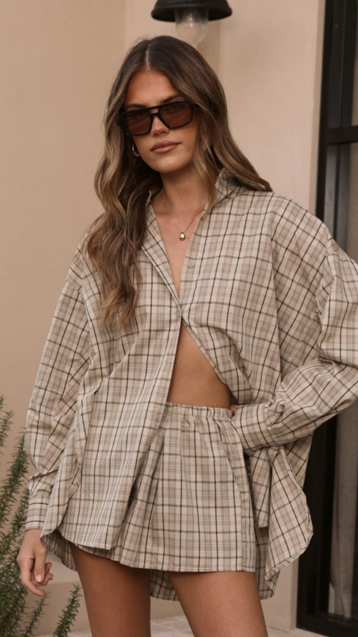 Arli Button Up Shirt - Beige/Brown Plaid