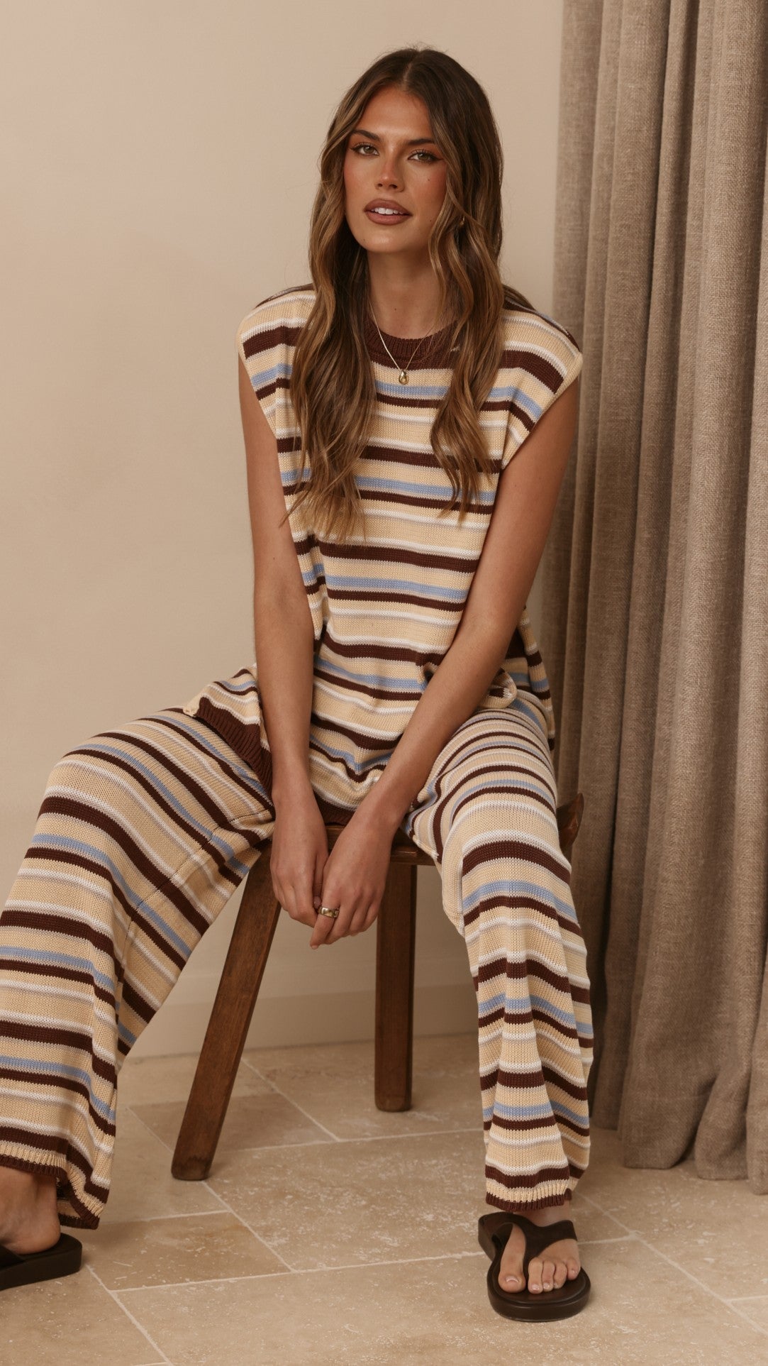 Florentine Knit Vest and Pants Set - Beige/Choc/Blue Stripe