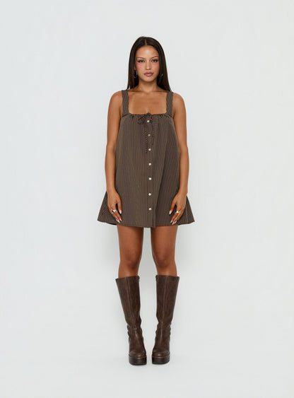 Bambalina Babydoll Mini Dress Brown Stripe
