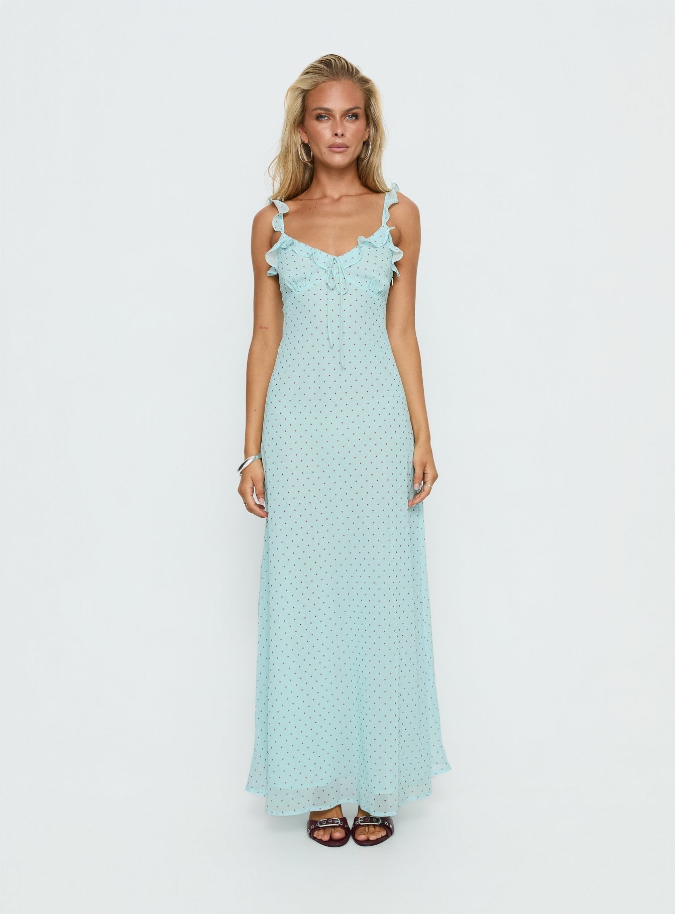 Aryelle Chiffon Frill Maxi Dress Blue Polka Dot