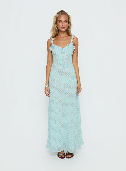Aryelle Chiffon Frill Maxi Dress Blue Polka Dot