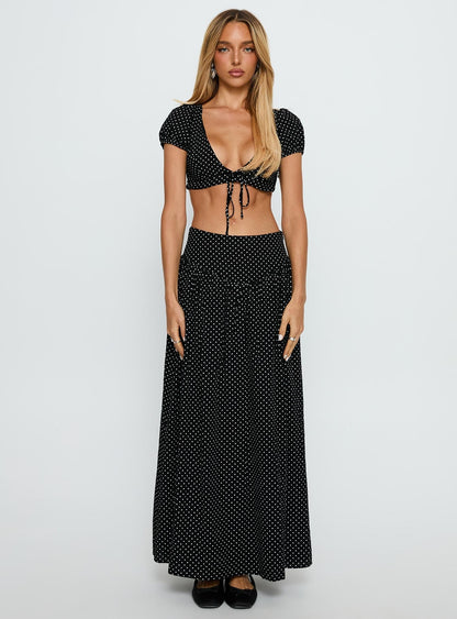 Alletta Drop Waist Maxi Skirt Black Polka