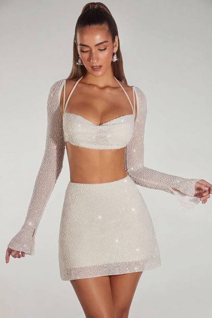 Embellished Long Sleeve Crop Top in Ivory