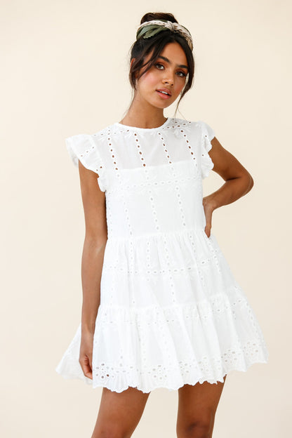 Louise Cap Sleeve Eyelet Embroidery Dress White