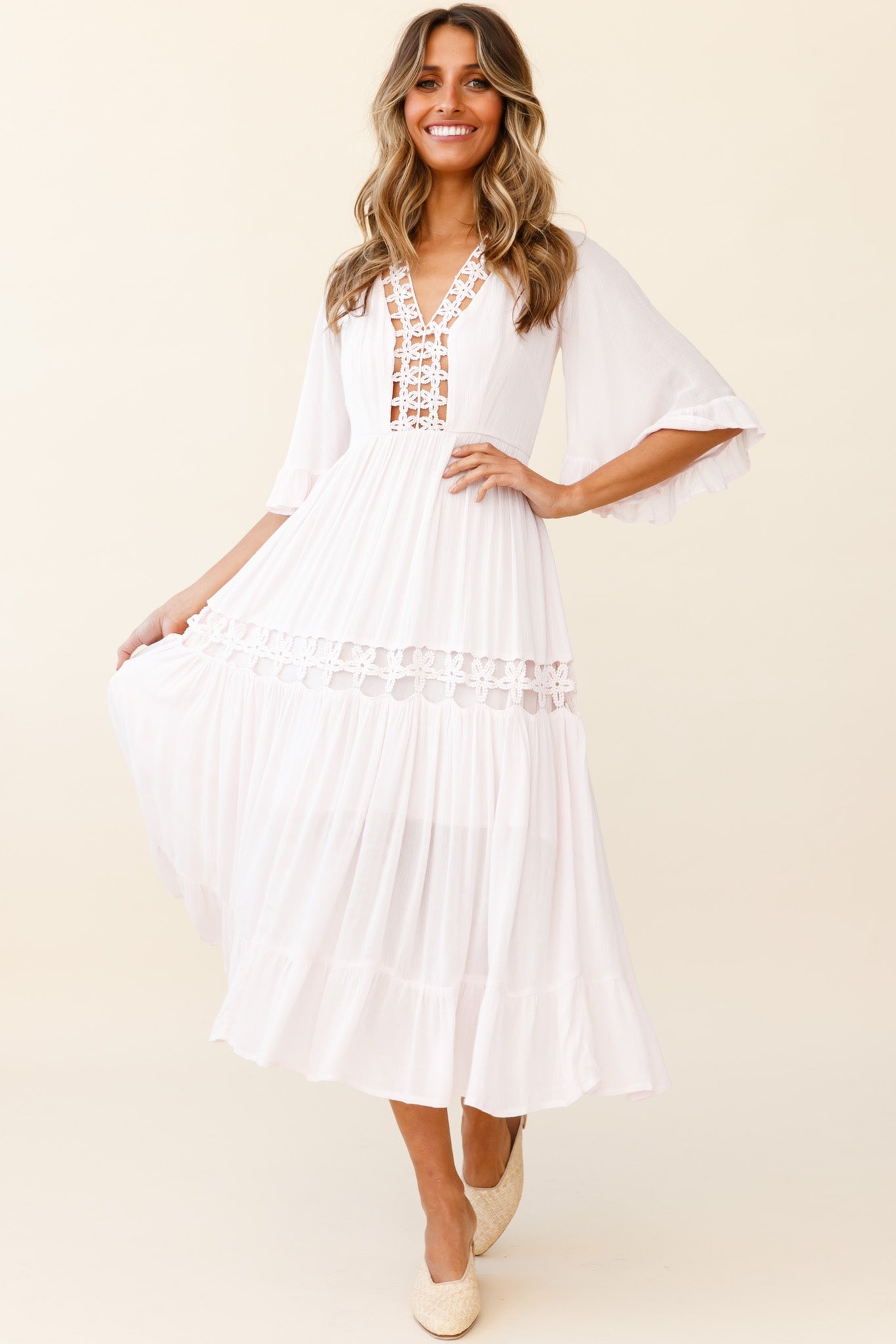 Feeling Groovy Bell Sleeve Crochet Trim Maxi Dress Pink