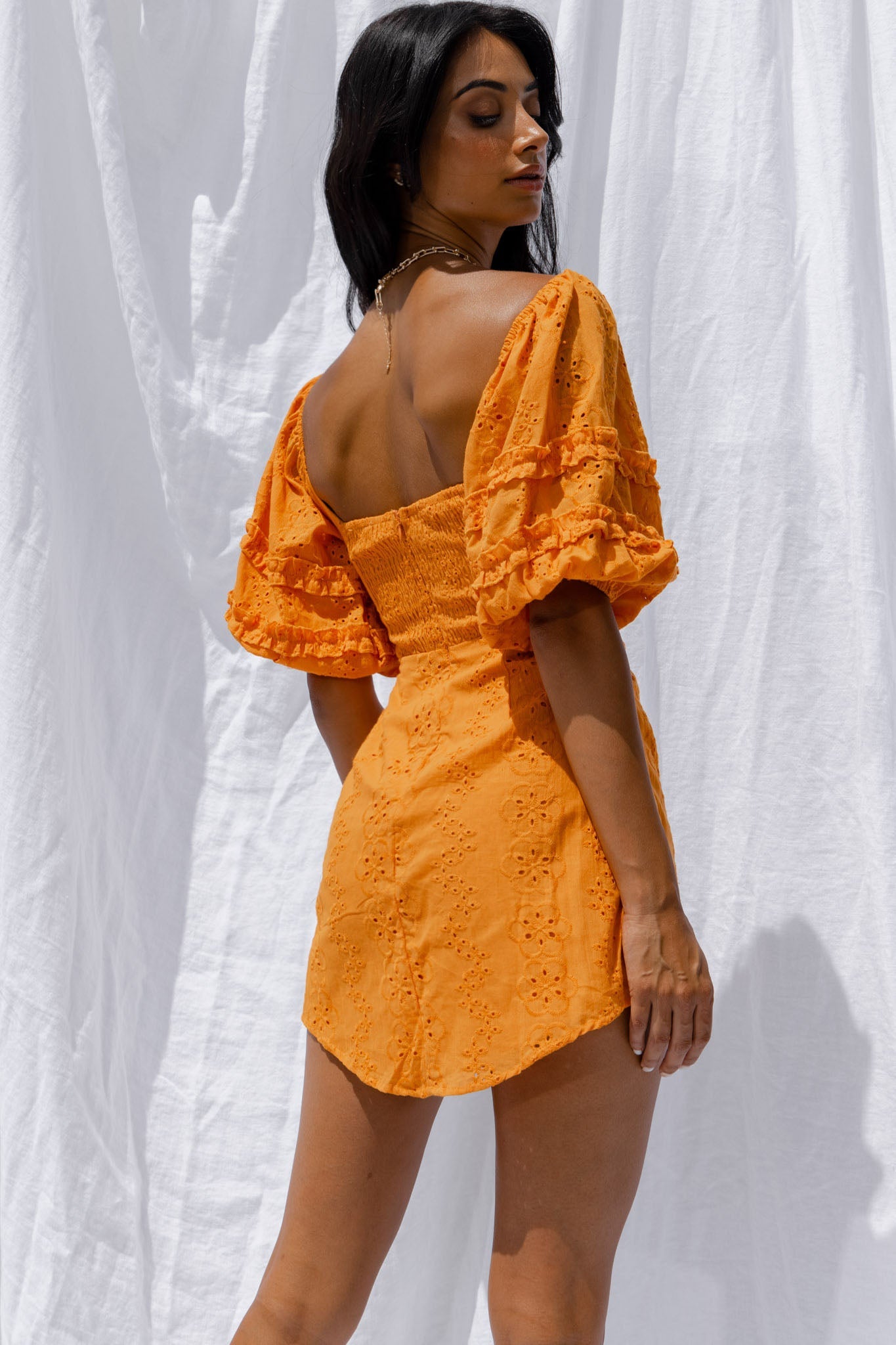 Sweet Romance Puff Sleeve Eyelet Mini Dress Sunset