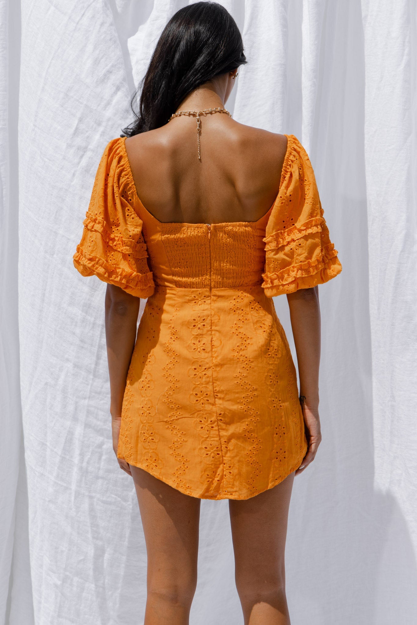 Sweet Romance Puff Sleeve Eyelet Mini Dress Sunset