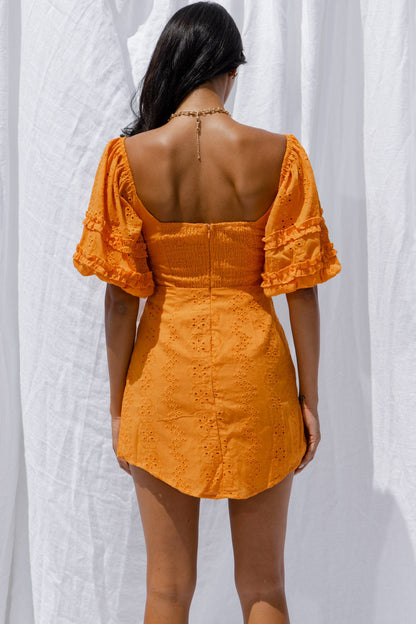 Sweet Romance Puff Sleeve Eyelet Mini Dress Sunset