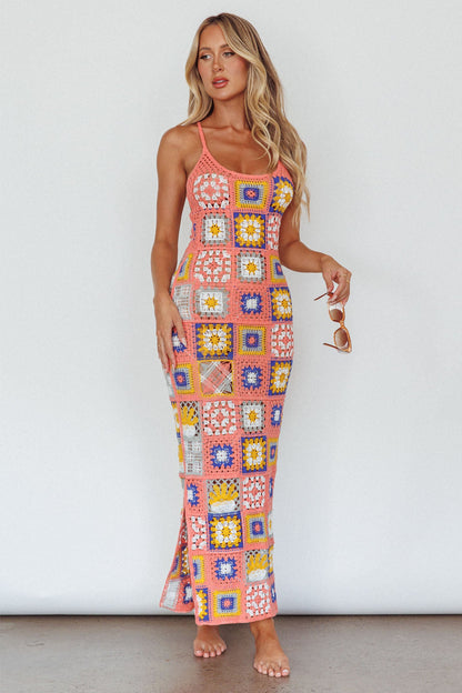 Bali Babe Crochet Maxi Dress Pink Multi