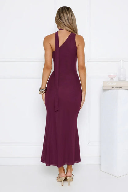 Aurora Elegance One Shoulder Mesh Maxi Dress Plum