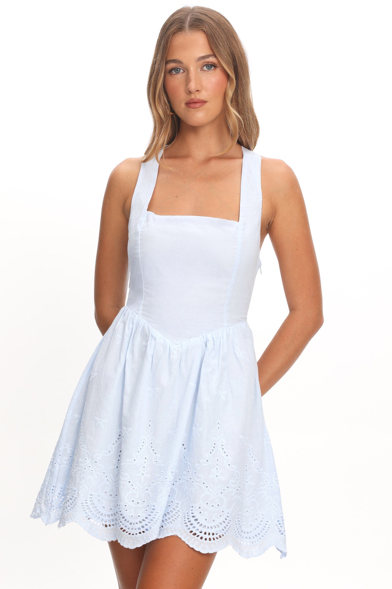 Aveline Eyelet Lace-Up Back Mini Dress Blue
