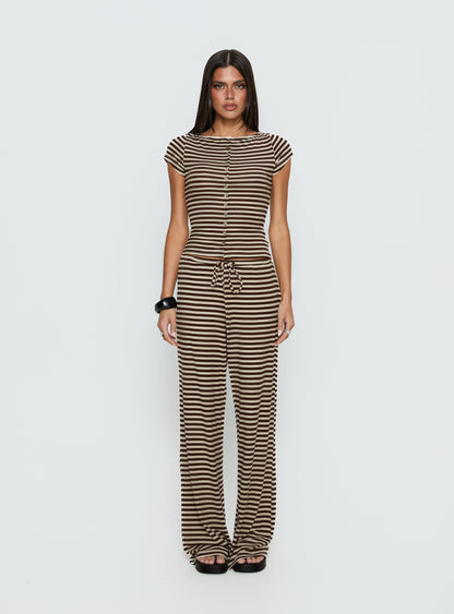 Angellina Jersey Button Down Top Chocolate / Cream Stripe