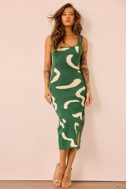 Attached Knit Midi Dress - Forest Green