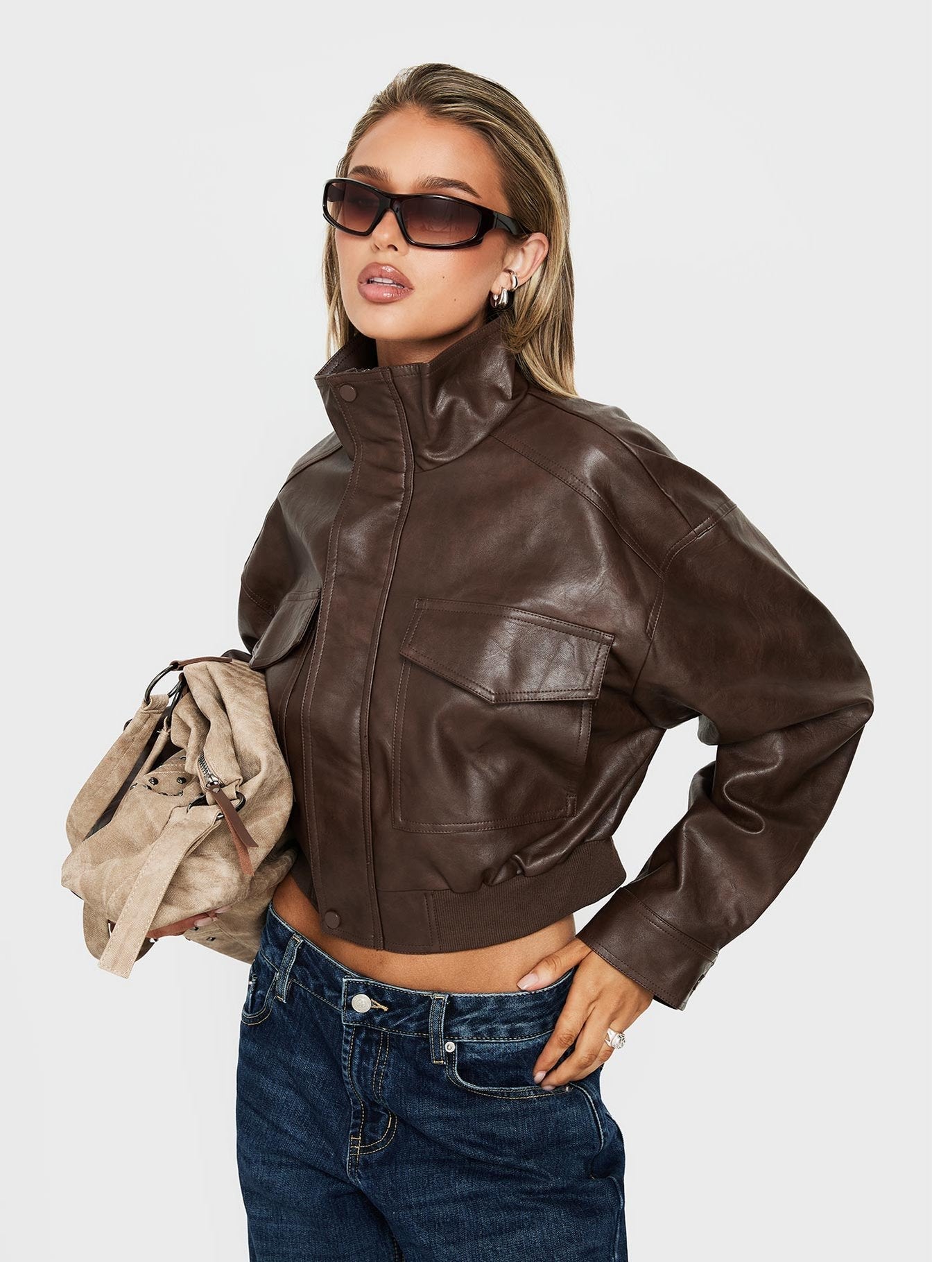 Ace Player Funnel Neck Faux Leather Jacket Brown