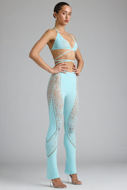 Petite Embellished Mid-Rise Flared Trousers in Ice Blue