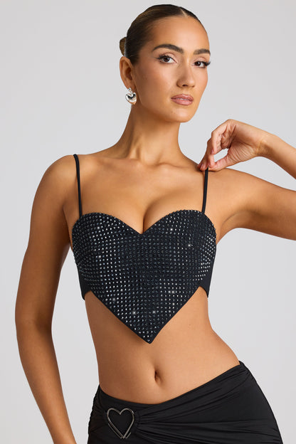 Embellished Statement Heart Shaped Crop Top in Black